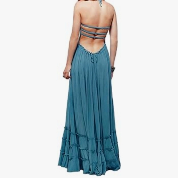 Peacock Blue Maxi Halter Gauze Dress Tiered Long Flowy Bohemian Beach Vacation - Picture 3 of 14